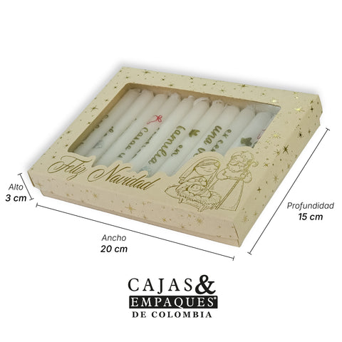 Caja ecológica tapa y base con ventana en acetato 20x15x3 cm velas navidad crema