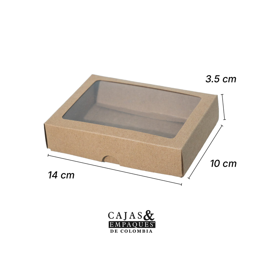 Caja ecológica tapa y base con ventana 14x10x3.5 cm cafe