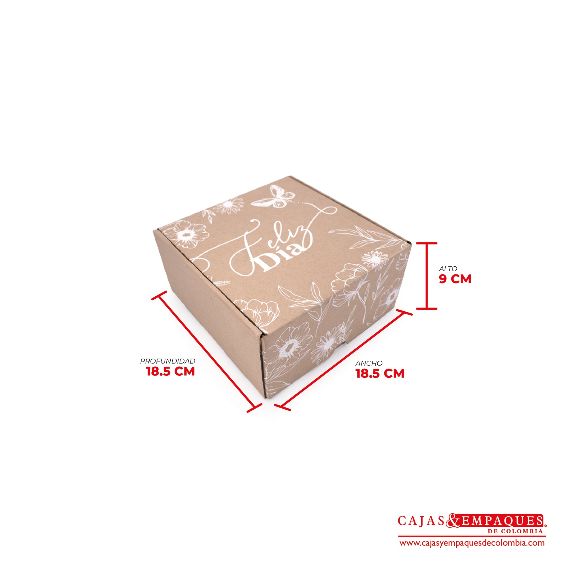 Caja ecológica plegadiza 18.5x18.5x9 cm micro-corrugado feliz día Cajas y Empaques de Colombia