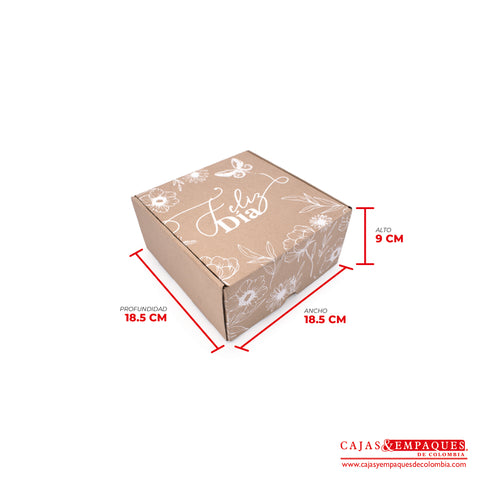 Caja ecológica plegadiza 18.5x18.5x9 cm micro-corrugado feliz día Cajas y Empaques de Colombia