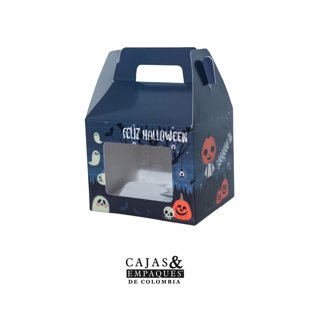 Caja ecológica tipo maletín 11.3x9.7x9 cm - Halloween con ventana azul