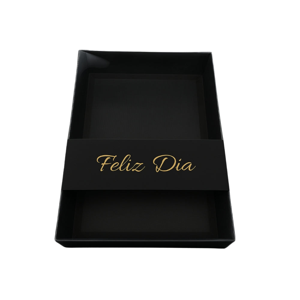 Caja ecológica base y tapa en acetato 25x35x7 cm negro Feliz día Cajas y Empaques de Colombia