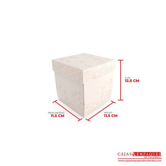 Caja ecológica tapa y base 11.5x11.5x12.5 crema con impresión Cajas y Empaques de Colombia