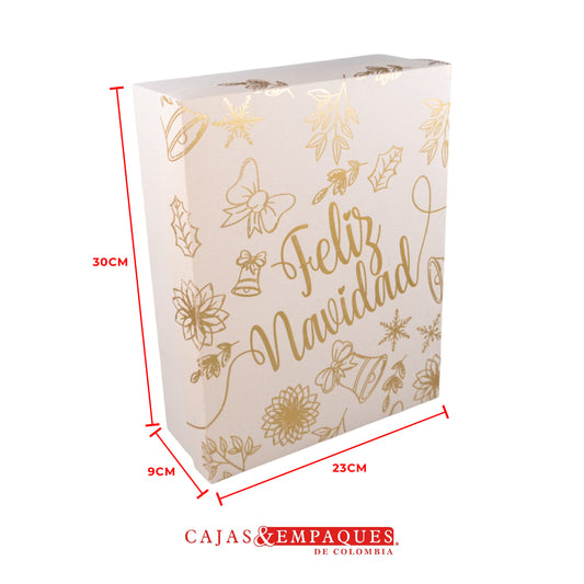 Caja ecológica tapa y base 30x23x9 cm crema navidad dorado Cajas y Empaques de Colombia
