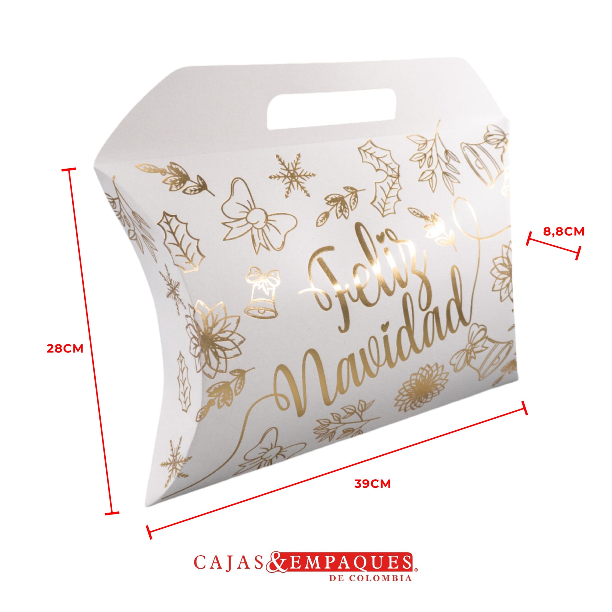Caja ecológica tipo cojín 39x28x8.8 cm crema feliz navidad dorada Cajas y Empaques de Colombia