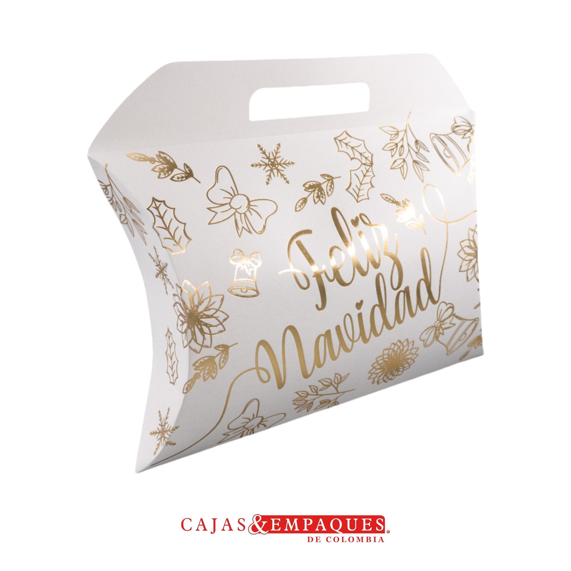 Caja ecológica tipo cojín 39x28x8.8 cm crema feliz navidad dorada Cajas y Empaques de Colombia