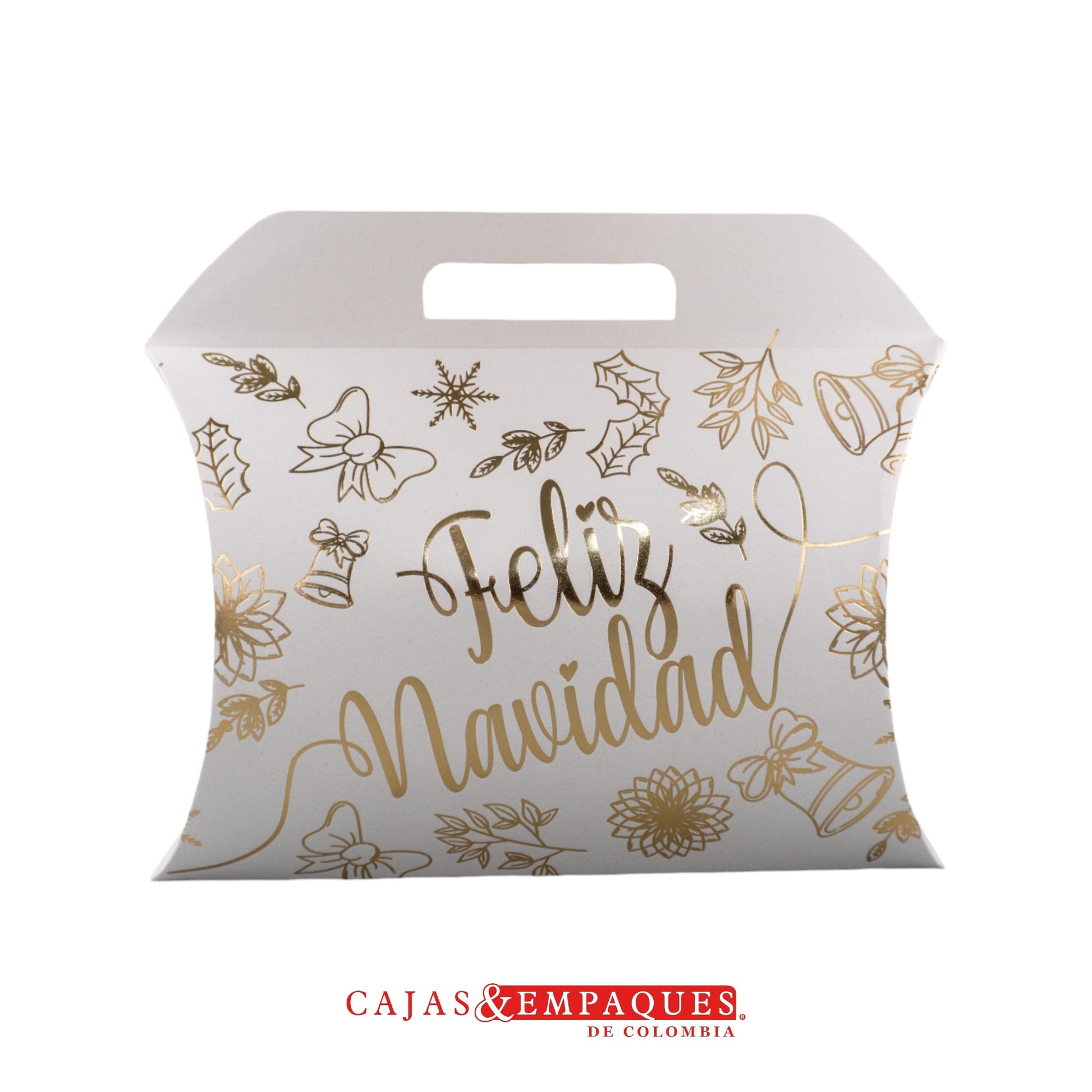 Caja ecológica tipo cojín 39x28x8.8 cm crema feliz navidad dorada Cajas y Empaques de Colombia