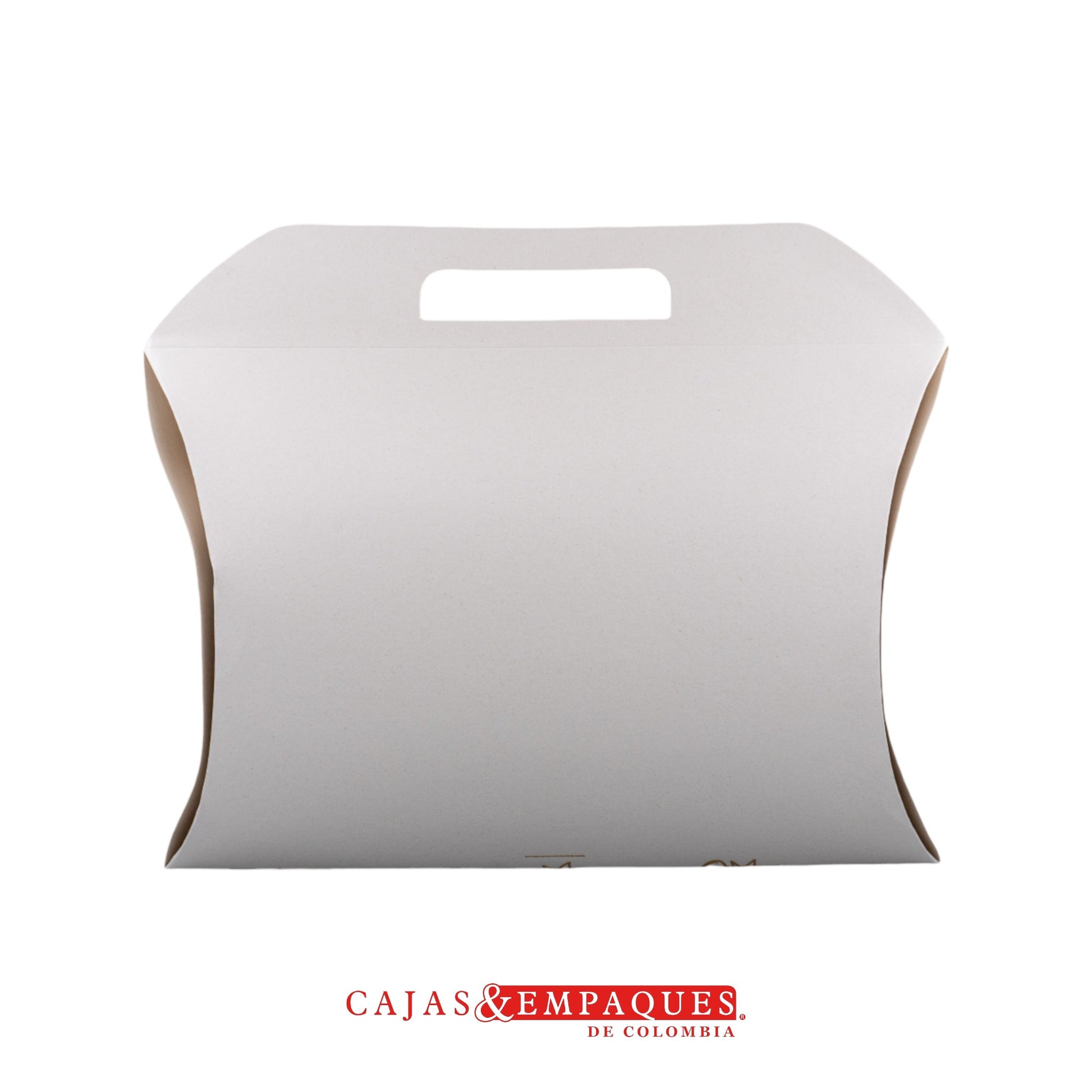 Caja ecológica tipo cojín 39x28x8.8 cm crema feliz navidad dorada Cajas y Empaques de Colombia