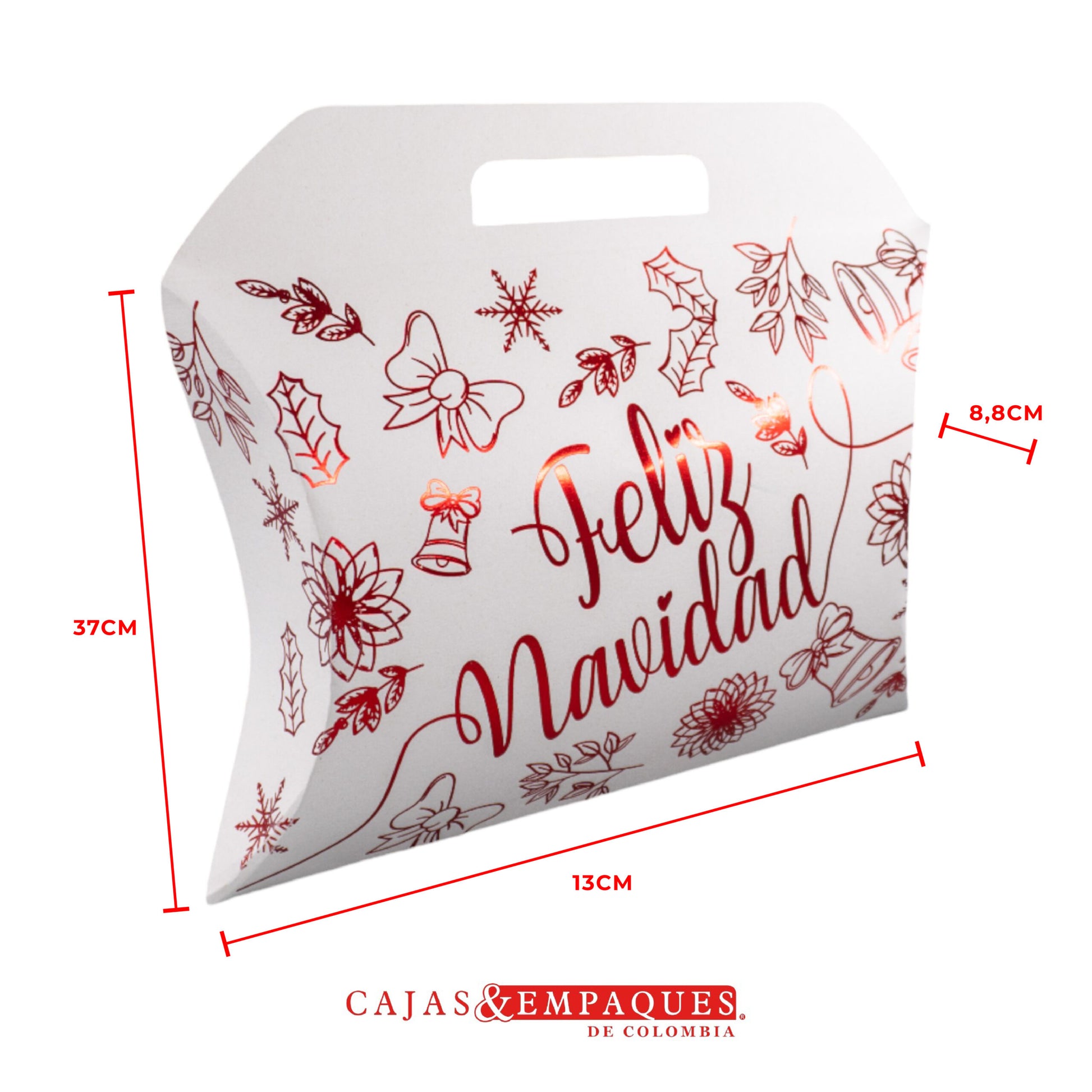 Caja ecológica tipo cojín 39x28x8.8 cm crema feliz navidad roja Cajas y Empaques de Colombia