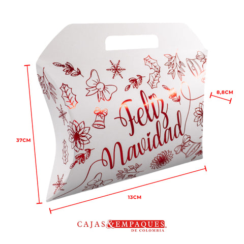 Caja ecológica tipo cojín 39x28x8.8 cm crema feliz navidad roja Cajas y Empaques de Colombia