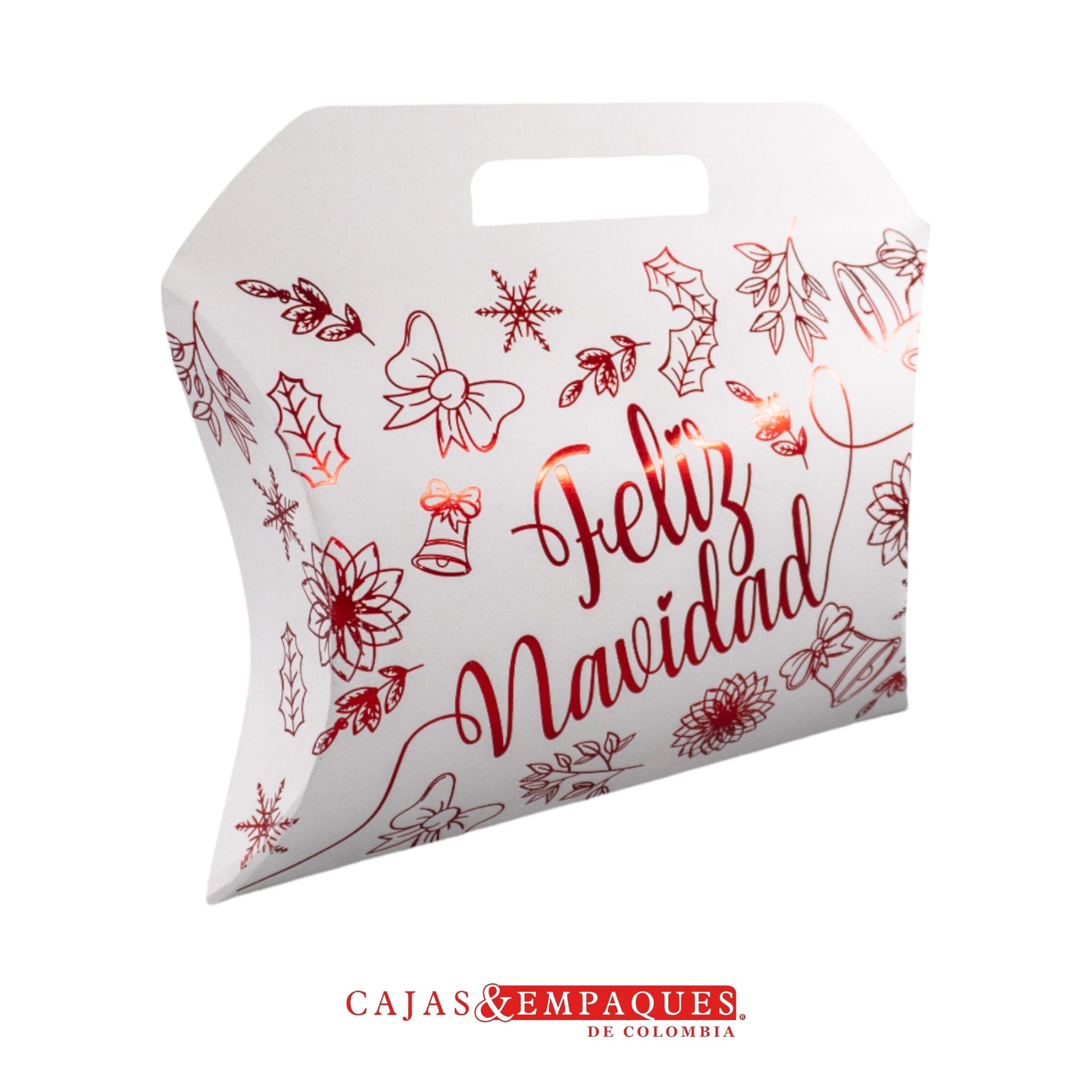 Caja ecológica tipo cojín 39x28x8.8 cm crema feliz navidad roja Cajas y Empaques de Colombia