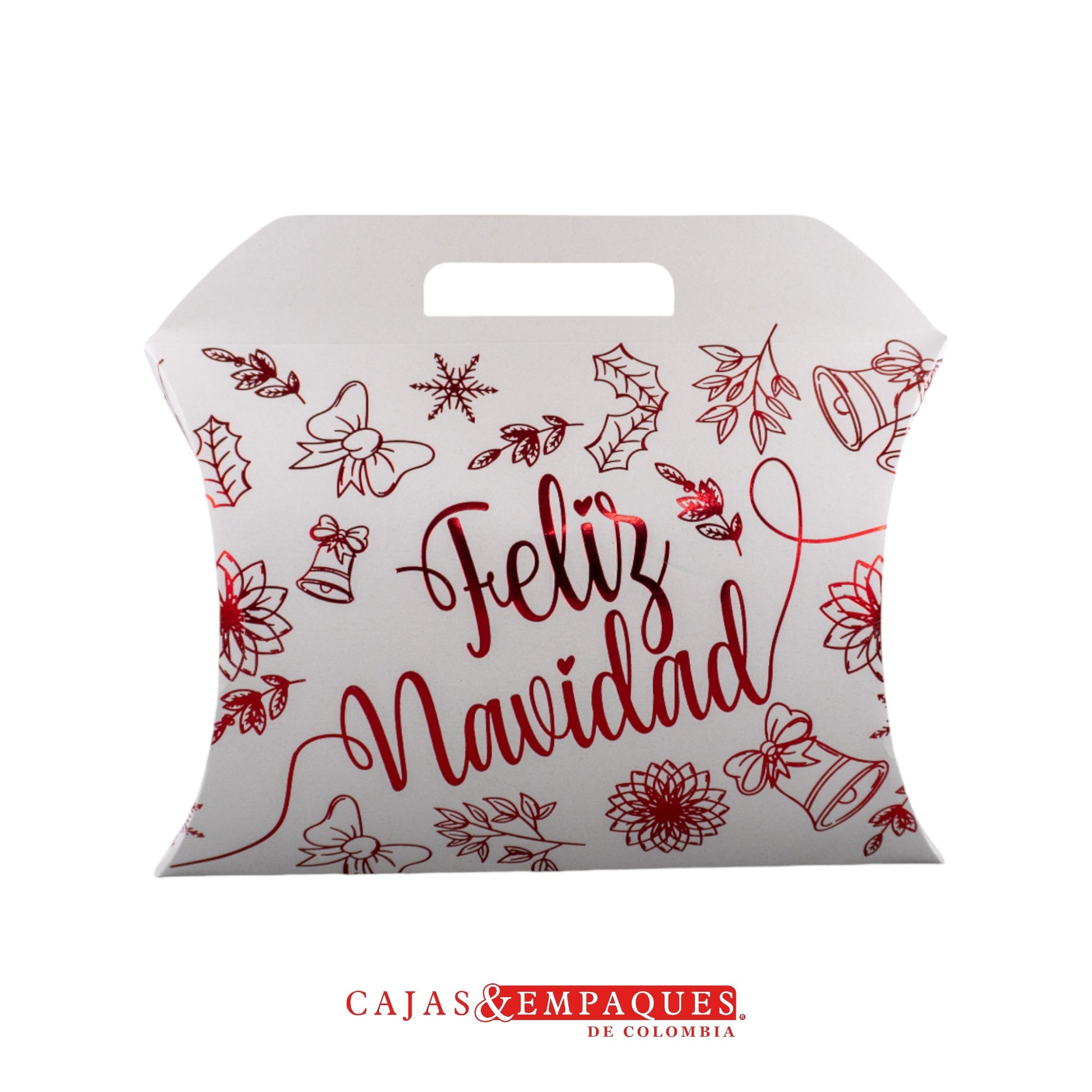 Caja ecológica tipo cojín 39x28x8.8 cm crema feliz navidad roja Cajas y Empaques de Colombia