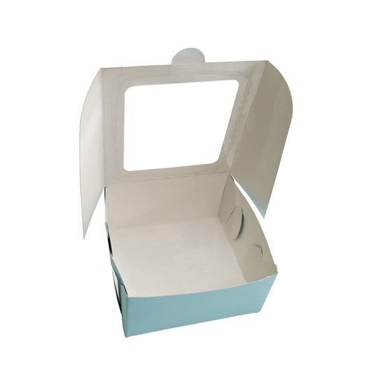 Caja ecológica plegadiza con ventana 10x10x5 cm azul Cajas y Empaques de Colombia