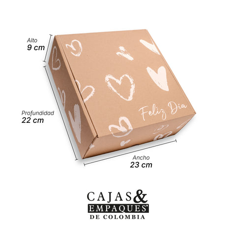 Caja ecológica plegadiza 22x23x9 cm café corazones blancos