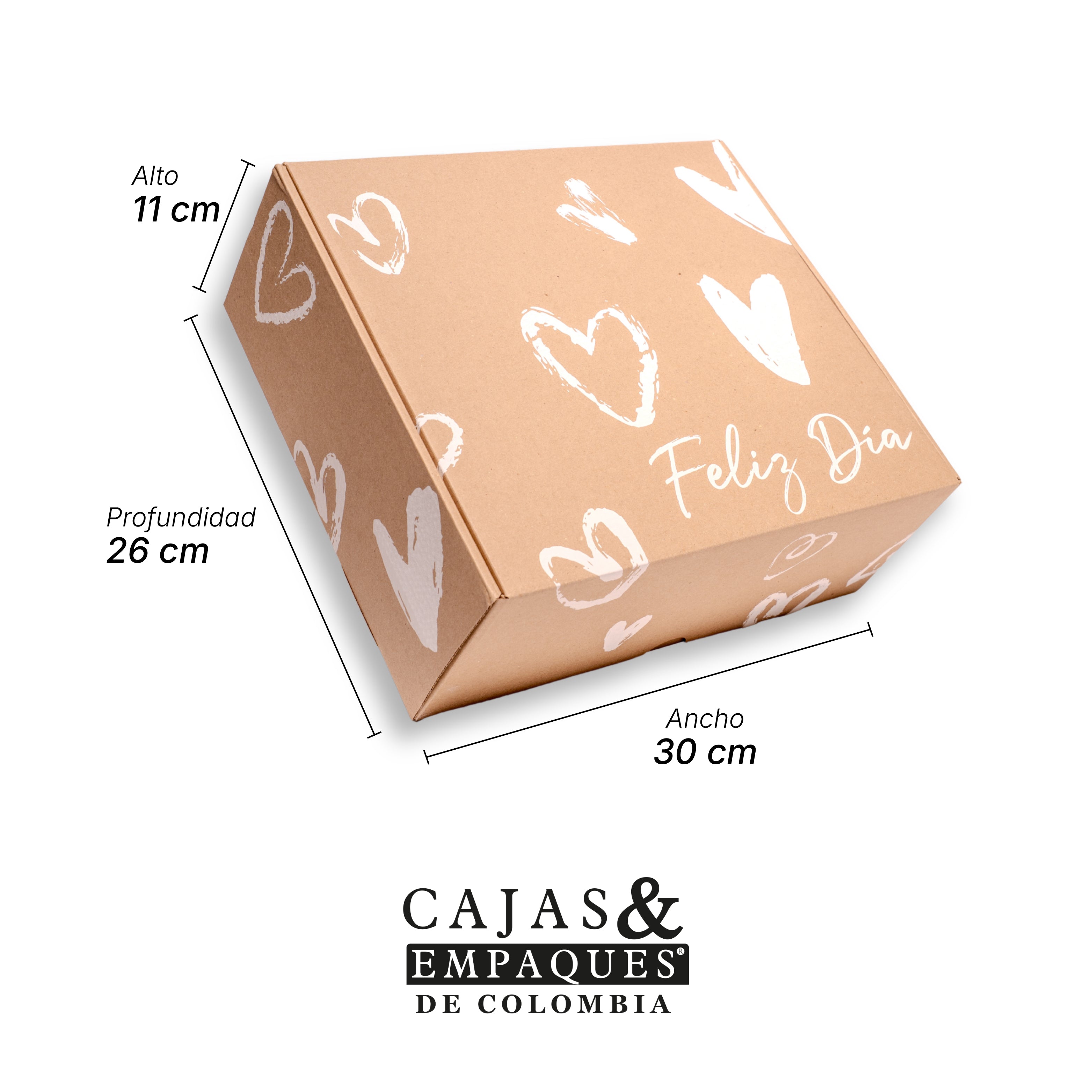 Caja ecológica plegadiza 30x26x11 cm café corazones blancos
