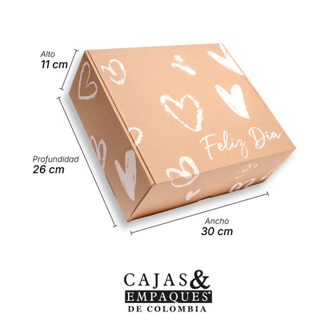 Caja ecológica plegadiza 30x26x11 cm café corazones blancos