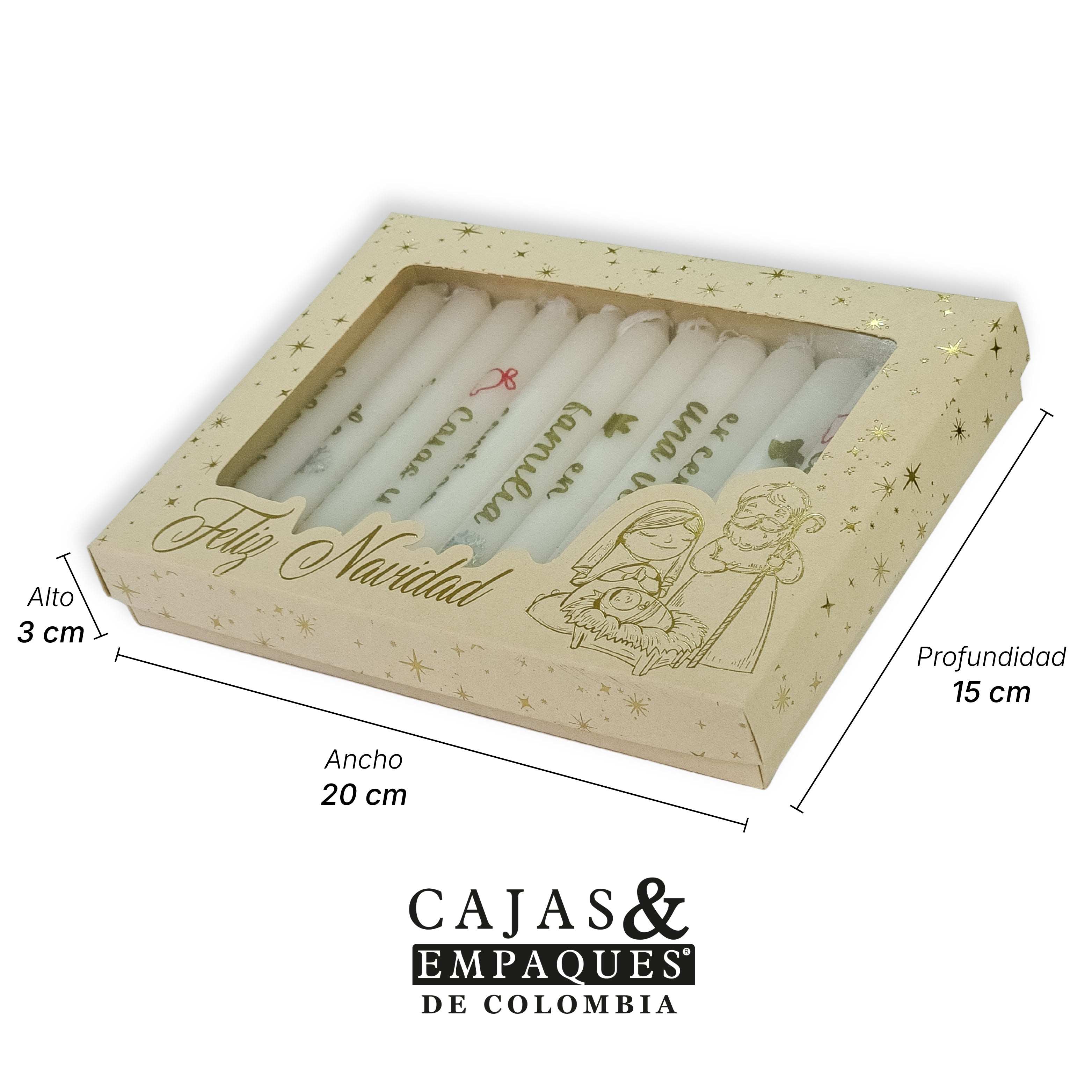 Caja ecológica tapa y base con ventana en acetato 20x15x3 cm velas navidad crema
