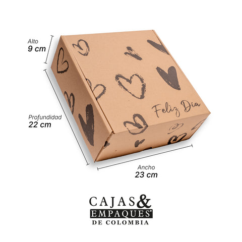 Caja ecológica plegadiza 22x23x9 cm café corazones negros