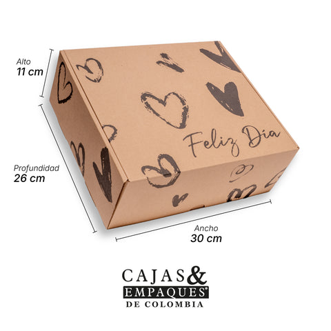 Caja ecológica plegadiza 30x26x11 cm café corazones negros