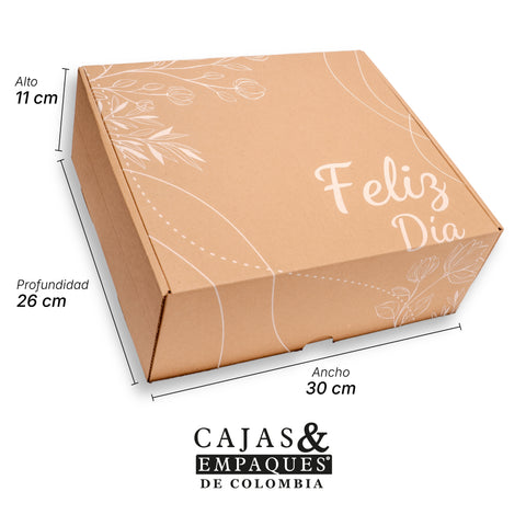 Caja ecológica plegadiza 30x26x11 cm café flores y líneas
