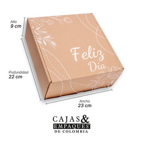 Caja ecológica plegadiza 22x23x9 cm café flores y líneas
