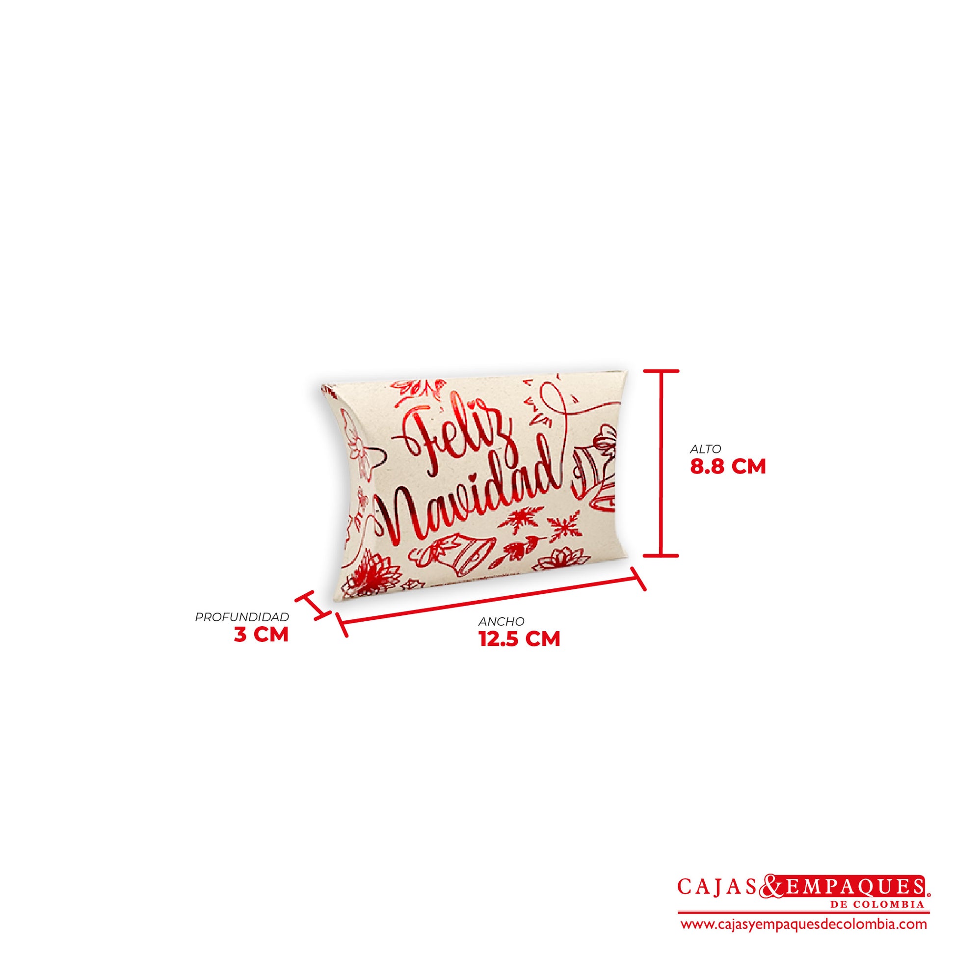 Caja ecológica tipo cojín 12.5x8.8x3 cm navidad crema laminado rojo Cajas y Empaques de Colombia