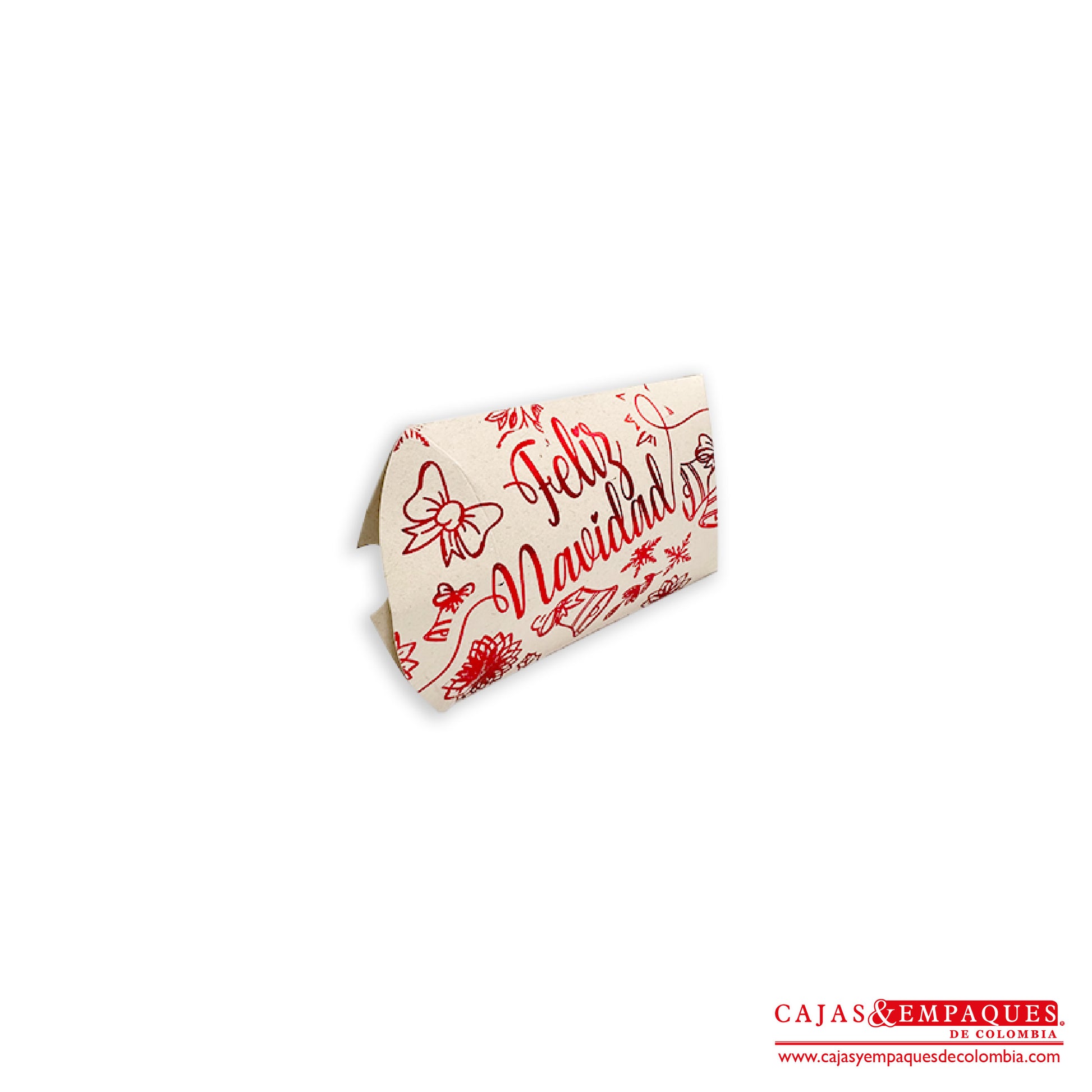 Caja ecológica tipo cojín 12.5x8.8x3 cm navidad crema laminado rojo Cajas y Empaques de Colombia