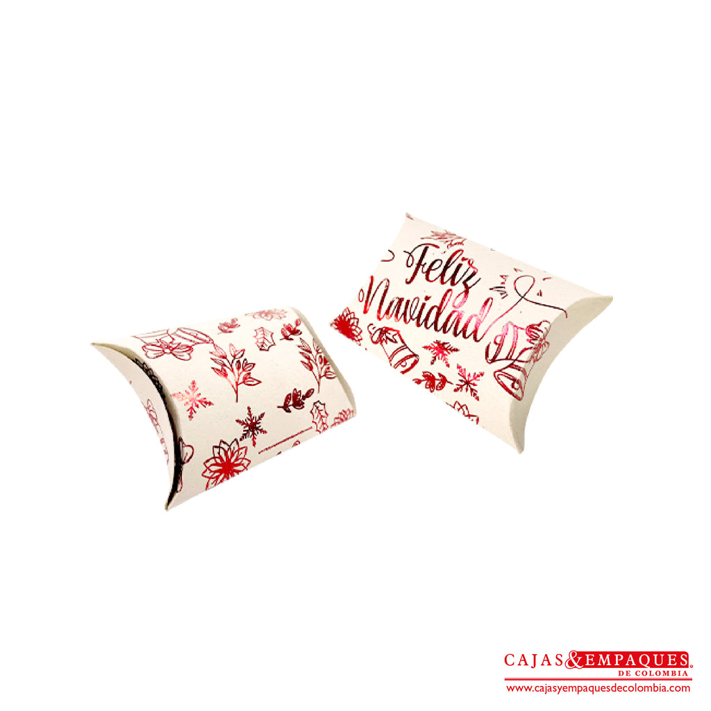 Caja ecológica tipo cojín 12.5x8.8x3 cm navidad crema laminado rojo Cajas y Empaques de Colombia