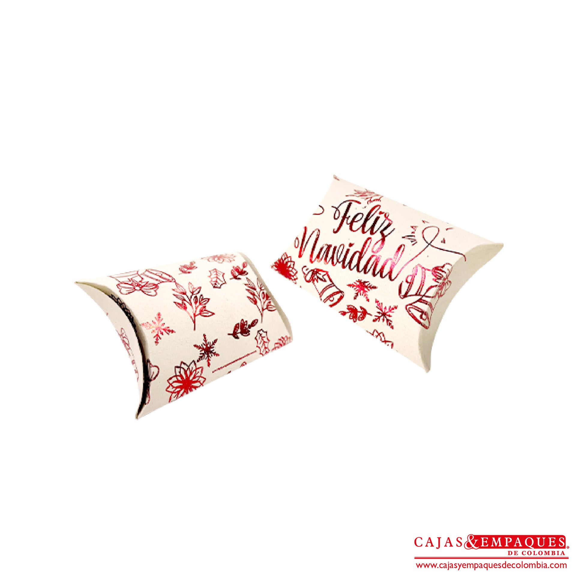 Caja ecológica tipo cojín 12.5x8.8x3 cm navidad crema laminado rojo Cajas y Empaques de Colombia