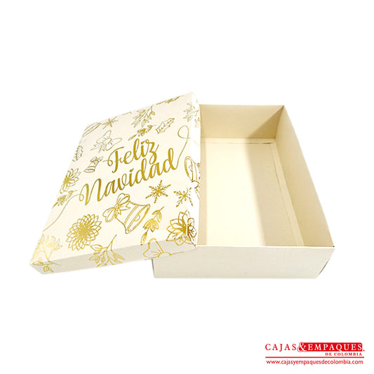 Caja ecológica tapa y base 30x23x9 cm crema navidad dorado Cajas y Empaques de Colombia