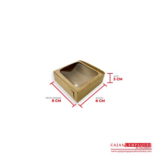 Caja ecológica plegadiza con ventana 8x8x3 cm café Cajas y Empaques de Colombia