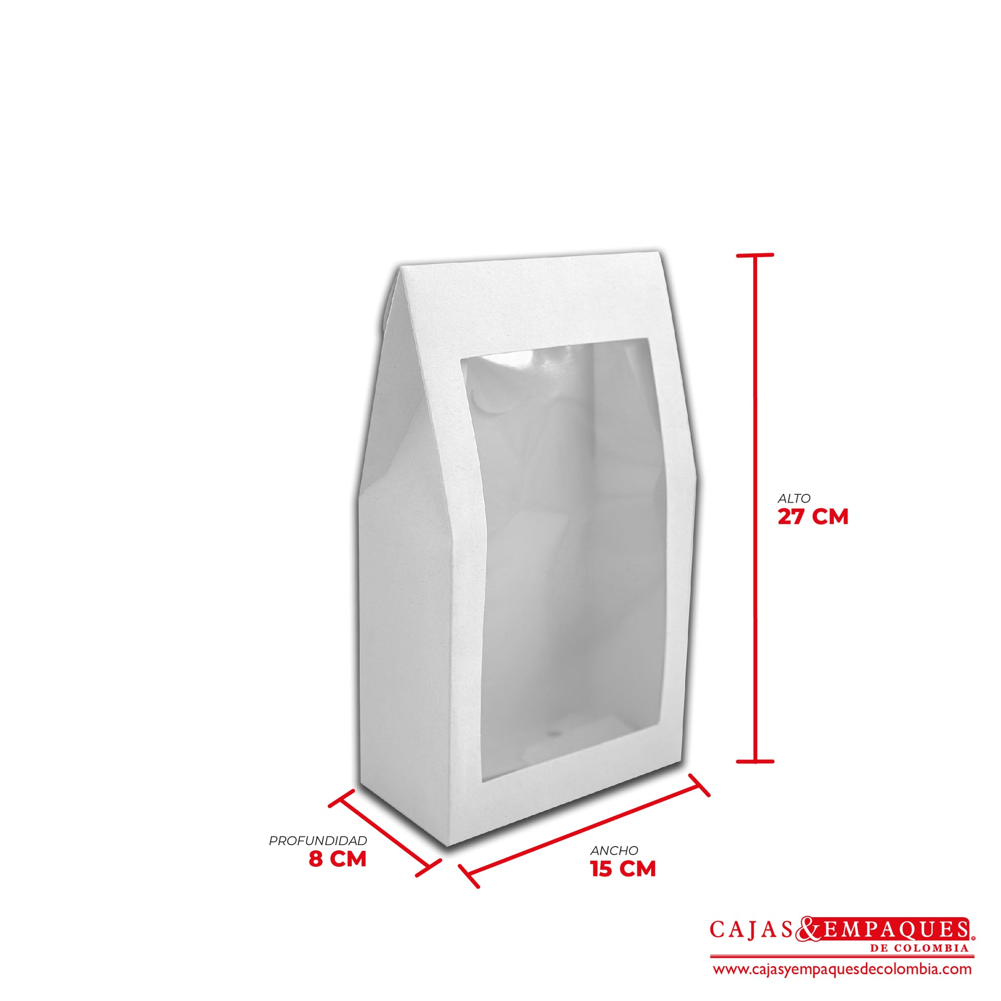 Caja ecológica tipo cartera con ventana 15x8x27 cm blanco Cajas y Empaques de Colombia