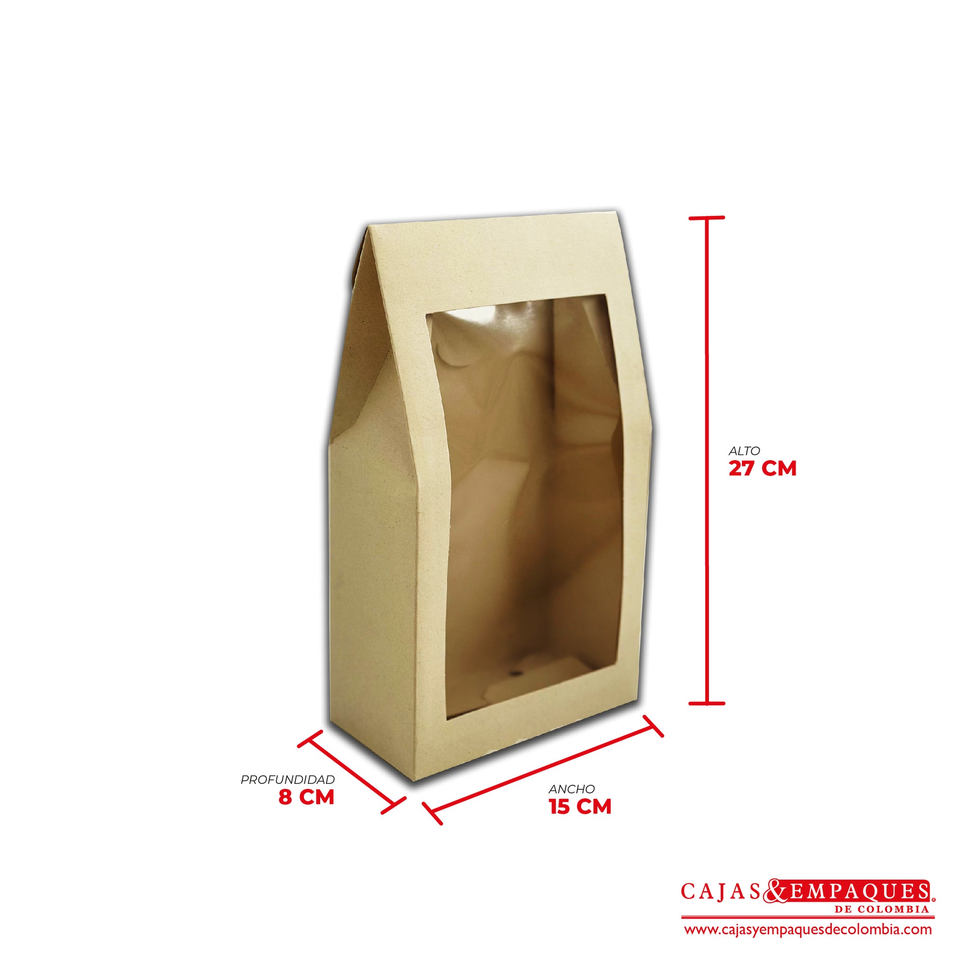 Caja ecológica tipo cartera con ventana 15x8x27 cm café Cajas y Empaques de Colombia
