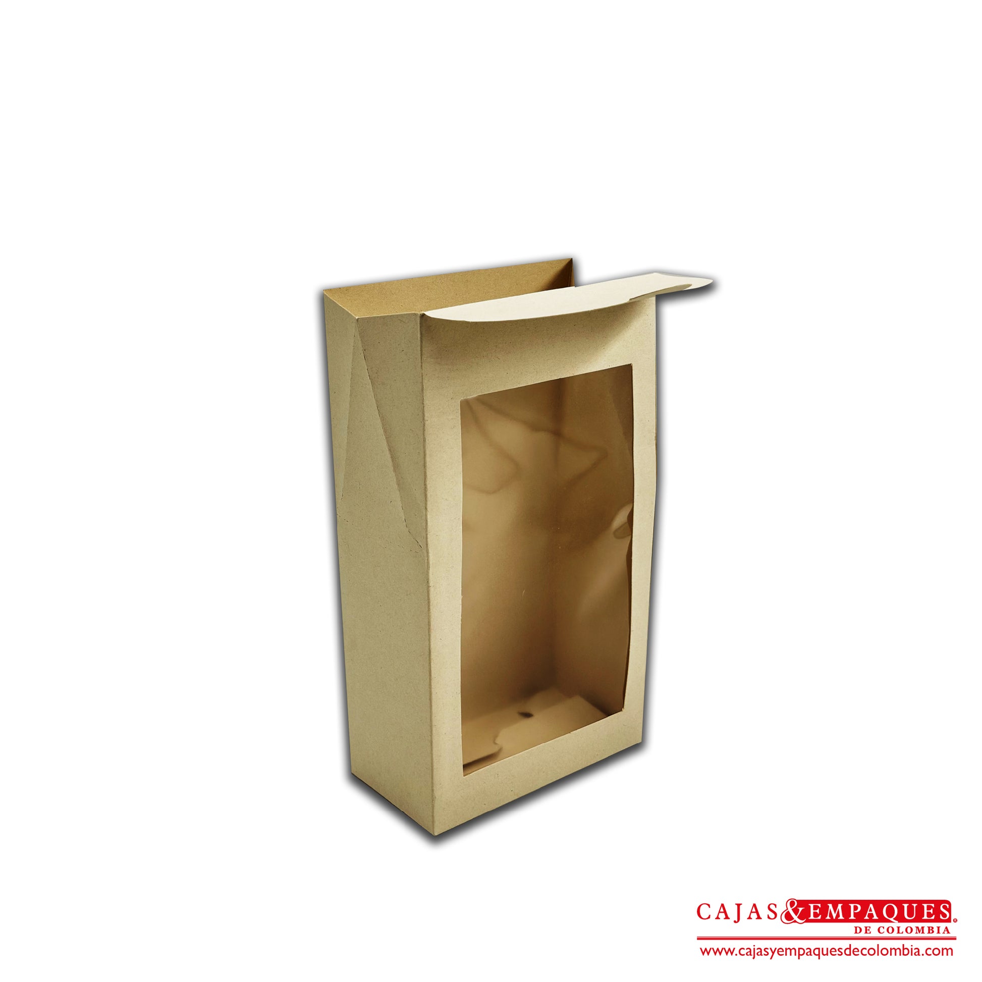 Caja ecológica tipo cartera con ventana 15x8x27 cm café Cajas y Empaques de Colombia
