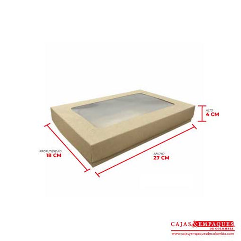 Caja ecológica tapa y base con ventana 27x18x4 cm café Cajas y Empaques de Colombia