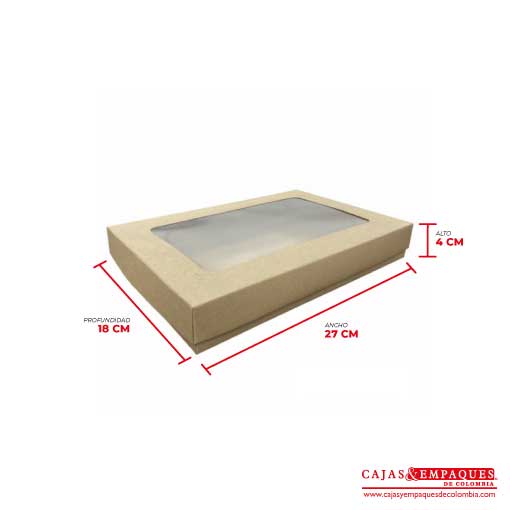 Caja ecológica tapa y base con ventana 27x18x4 cm café Cajas y Empaques de Colombia
