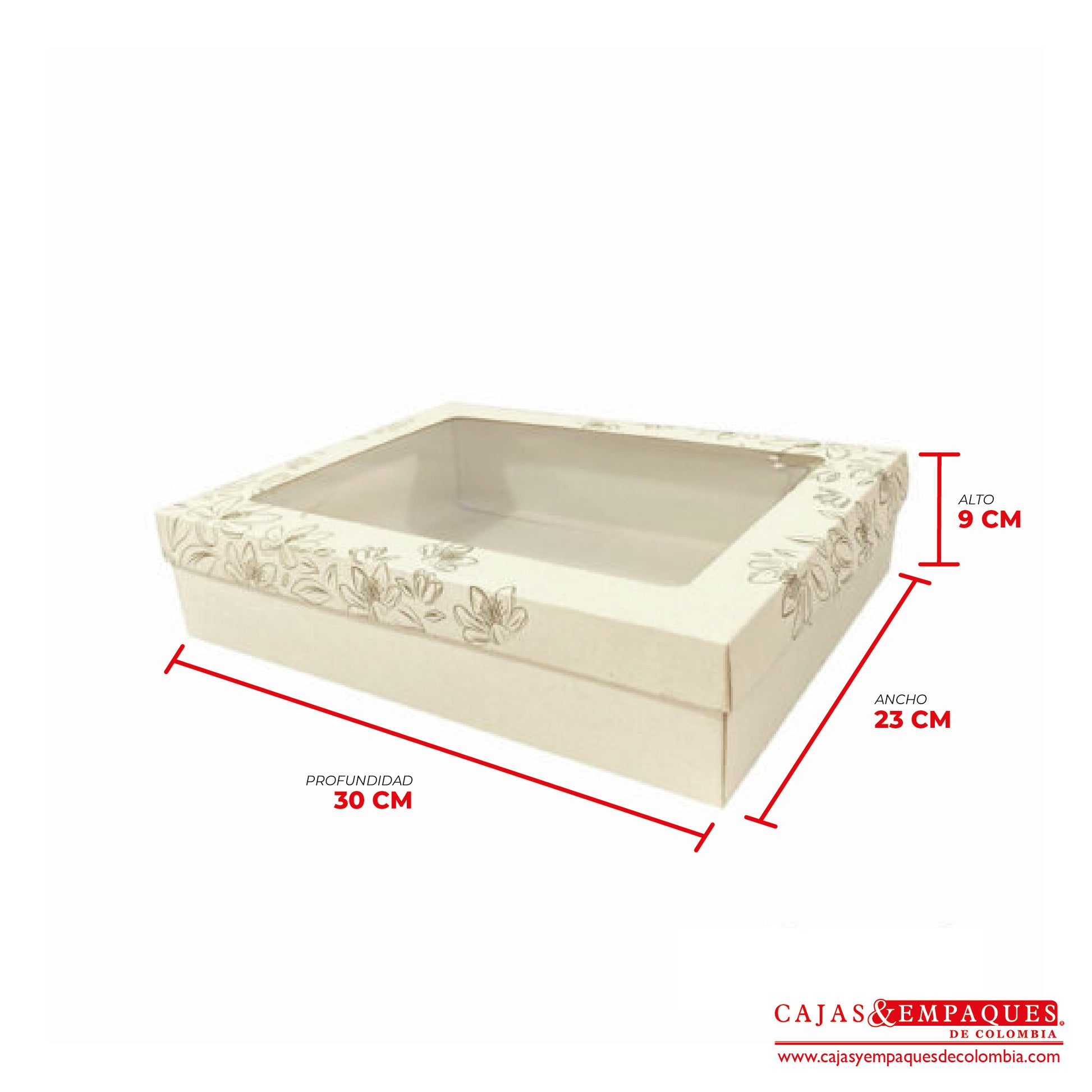 Caja ecológica tapa y base con ventana 30x23x9 cm crema navidad Cajas y Empaques de Colombia