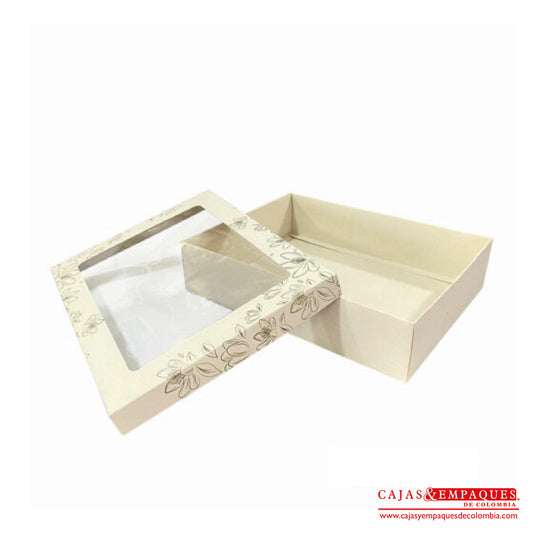Caja ecológica tapa y base con ventana 30x23x9 cm crema navidad Cajas y Empaques de Colombia