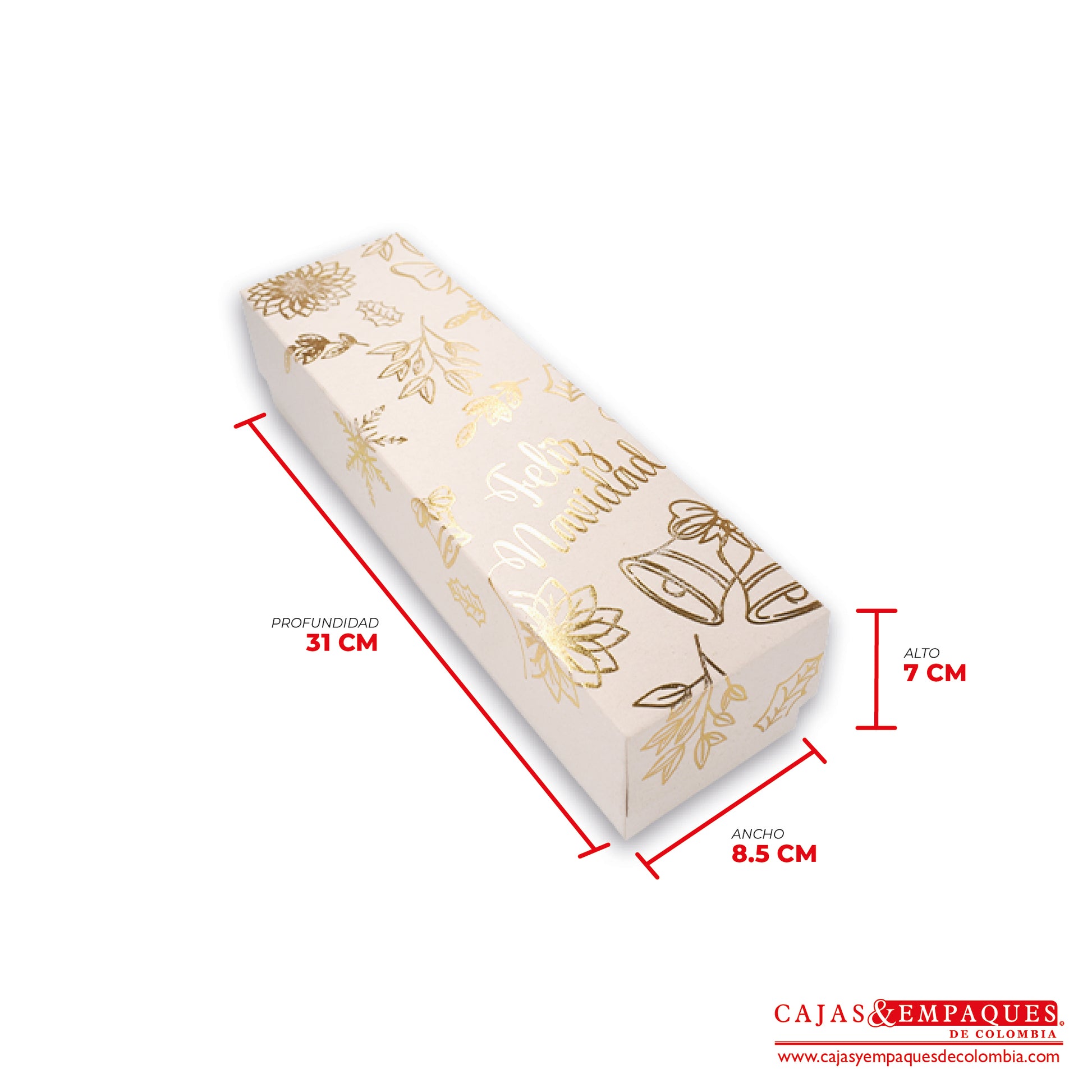 Caja ecológica tapa y base 31x8.5x7 cm crema feliz navidad dorada Cajas y Empaques de Colombia