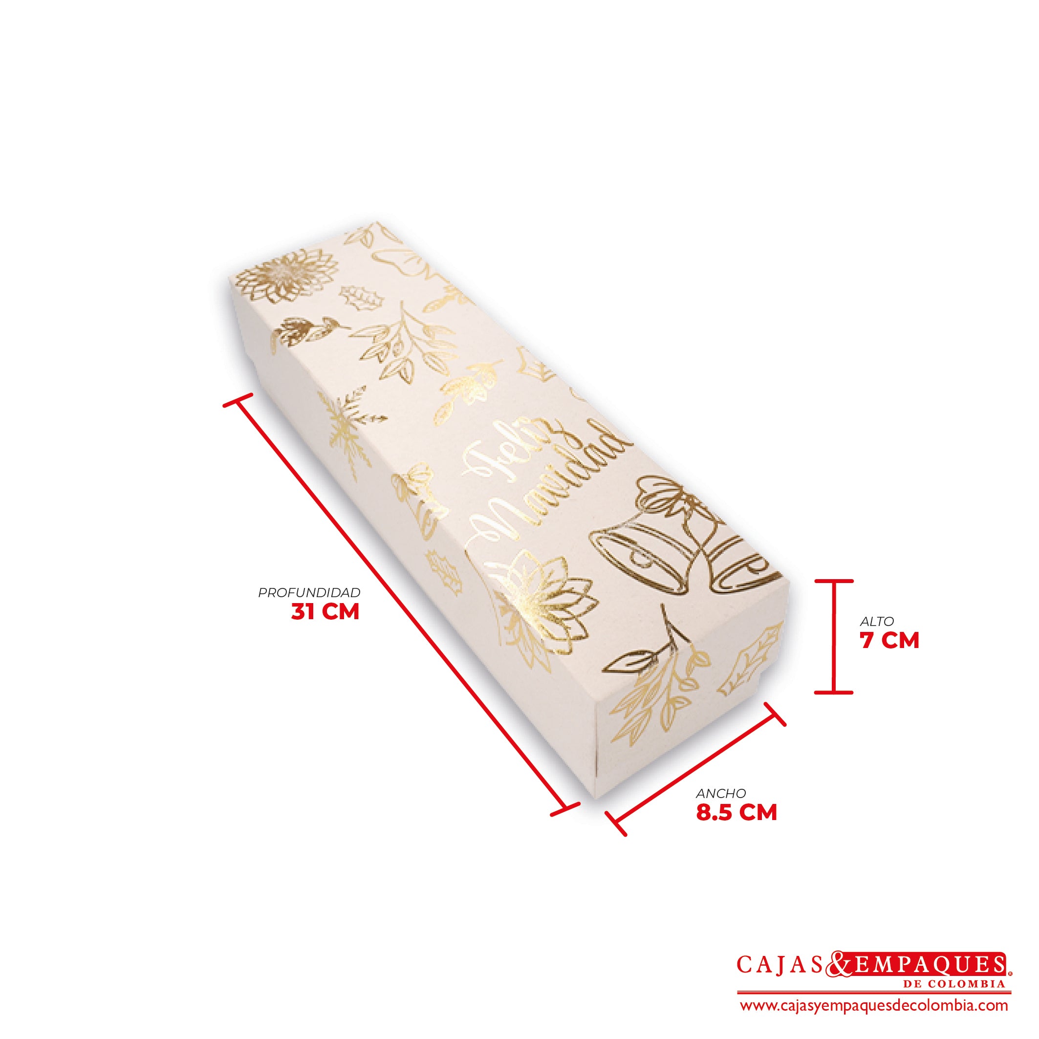 Caja ecológica tapa y base 31x8.5x7 cm crema feliz navidad dorada Cajas y Empaques de Colombia