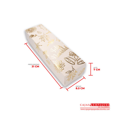 Caja ecológica tapa y base 31x8.5x7 cm crema feliz navidad dorada Cajas y Empaques de Colombia