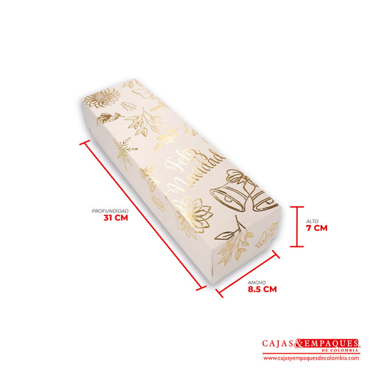 Caja ecológica tapa y base 31x8.5x7 cm crema feliz navidad dorada Cajas y Empaques de Colombia