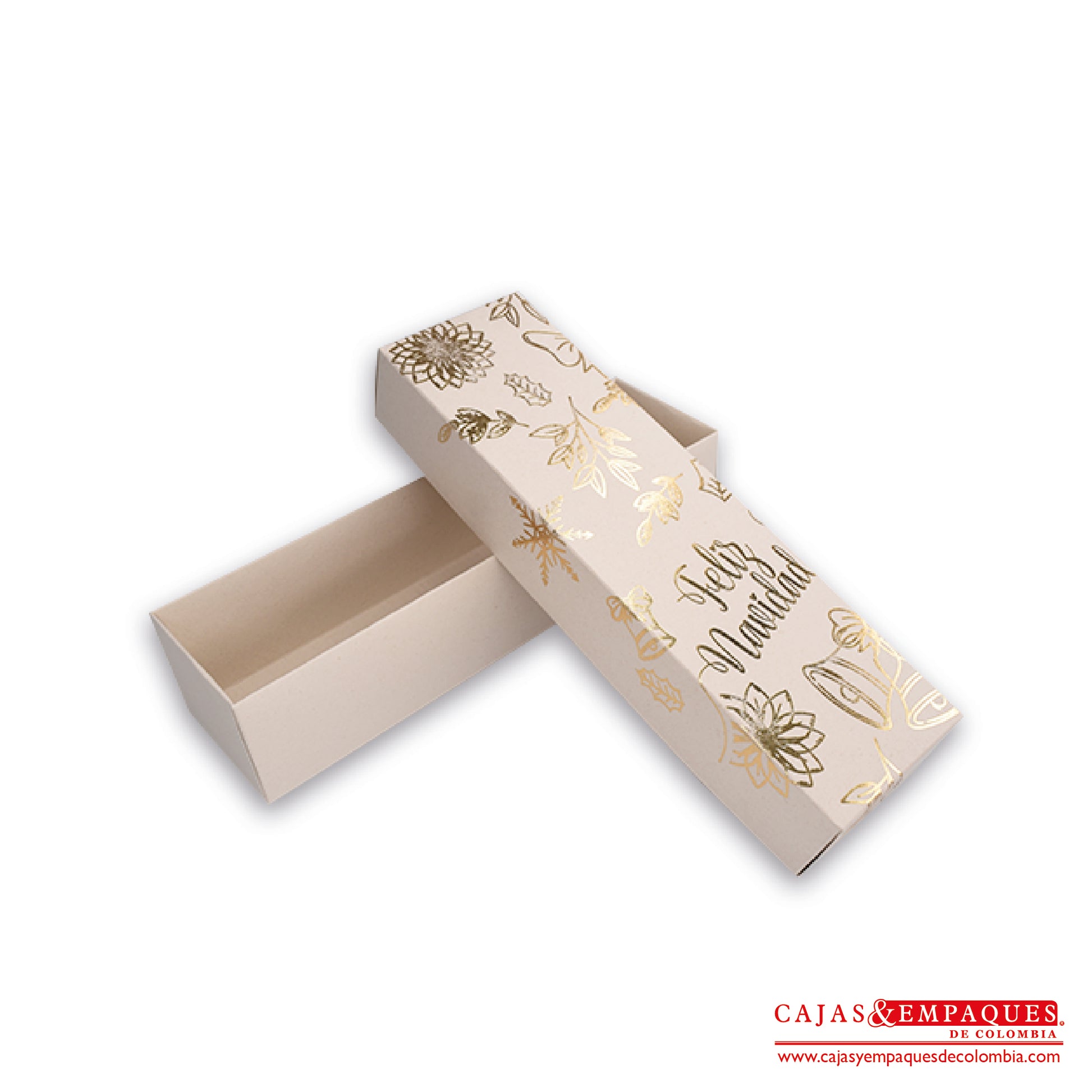Caja ecológica tapa y base 31x8.5x7 cm crema feliz navidad dorada Cajas y Empaques de Colombia