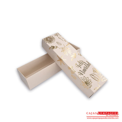 Caja ecológica tapa y base 31x8.5x7 cm crema feliz navidad dorada Cajas y Empaques de Colombia
