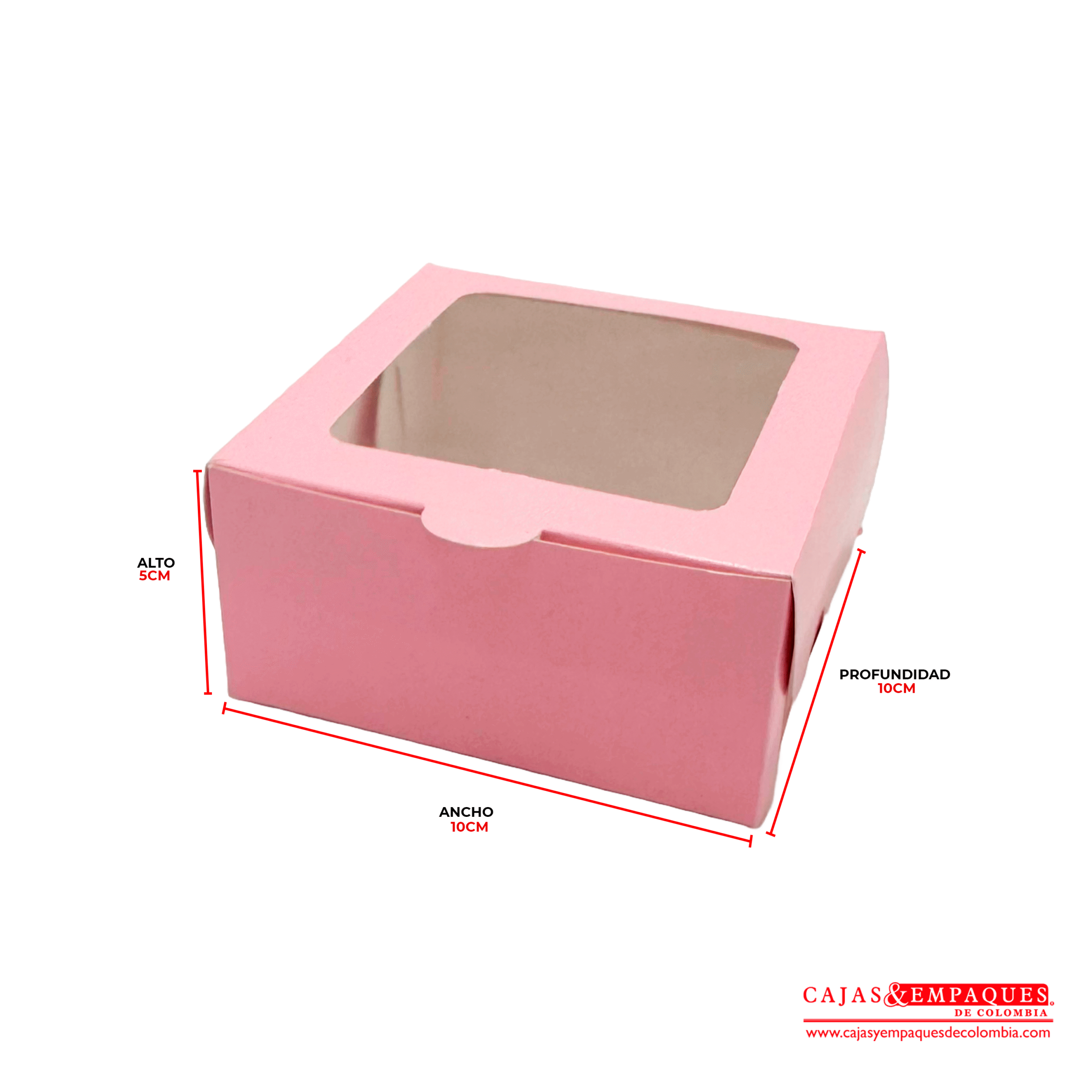 Caja ecológica plegadiza con ventana 10x10x5 cm rosada Cajas y Empaques de Colombia