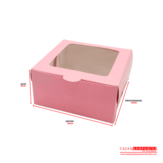 Caja ecológica plegadiza con ventana 10x10x5 cm rosada Cajas y Empaques de Colombia